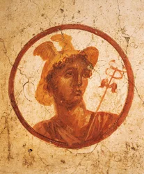 Freska zobrazující portrét muže na bílém pozadí, House of Ancient Hunt, Pompeje, Kampánie, římská civilizace