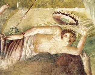Freska zobrazující spící Maenadu z domu Citharistů, Pompeje, Itálie