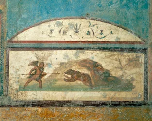 Freska se scénou lovu z Domu antického lovu, Pompeje, Kampánie, římská civilizace