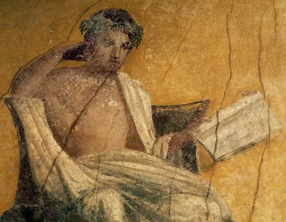 Řecký dramatik Menander, detail z fresky, peristyl domu Menandrů, Pompeje, Kampánie, Itálie, římská civilizace
