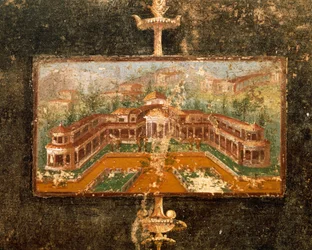 Maisema ja arkkitehtuuri seinämaalauksessa tablinumissa, 3. Pompeian tyyli, Marco Lucrezio Fronton talo, Pompejista, Campaniasta, Italiasta