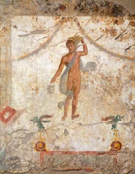 Obraz ve čtvrtém pompejském stylu zobrazující génia s košem a situlou