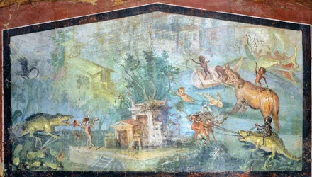 Malba na sádře zobrazující nilotskou scénu s pygmeji útočícími na krokodýly a hrochy, 75x127 cm, z Pompejí (Seznam světového dědictví UNESCO