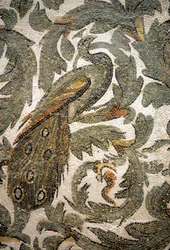 Páv, detail mozaiky - 4. století n. l., muzeum Bardo, Tunis