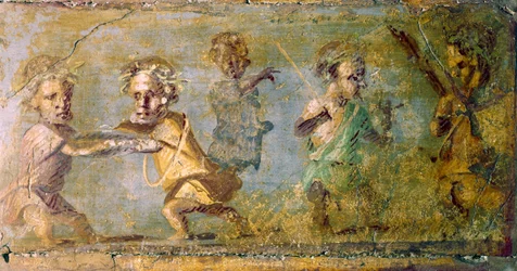 Pompeje. Lov trpaslíků. Freska. Národní archeologické muzeum v Neapoli