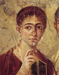 Portrét pekaře Terentia Nea a jeho manželky ve slavnostním oděvu, detail manželky se stylem a otevřeným diptychem, z Itálie, Kampánie, Pompejí, 55-79 n. l., malba na omítce