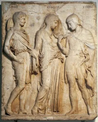 Římské umění: „Orfeus, Eurydika a Hermés“. Mramorový reliéf podle řeckého originálu. Neapol, Museo Archeologico Nazionale