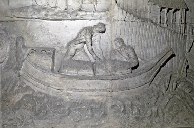 Římské umění: „“loď nakládá zásoby na Dunaj během první války v Dácii““ Forma z roku 1862 reprodukující basreliéfy Trajanova sloupu (sloup Trajane) (Colonna Traiana) v Římě postaveného za vlády císaře Traiana ( 53-117). Společnost Trajane co