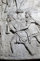 Římské umění: „“dace soldier vězeň římských vojáků“““ Forma z roku 1862 reprodukující basreliéfy Trajanova sloupu (sloup Trajane) (Colonna Traiana) v Římě postaveného za vlády císaře Traiana (53-117) . Trajanův sloup připomíná v