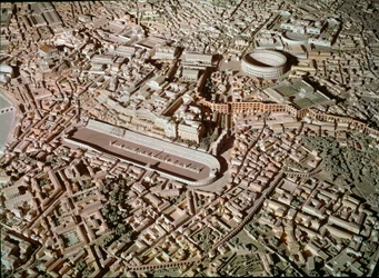 Římské umění: model zobrazující město Řím v antice. Uprostřed Circus Maximus neboli Velký cirk, určený pro závody vozů. Řím, Museo della Civiltà Romana. Římské umění. Circus Maximus a etruské hradby. Detail rekonstrukčního modelu