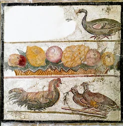 Římské umění: mozaika zobrazující slepice, husu a drůbež. Řím, Museo Nazionale Romano