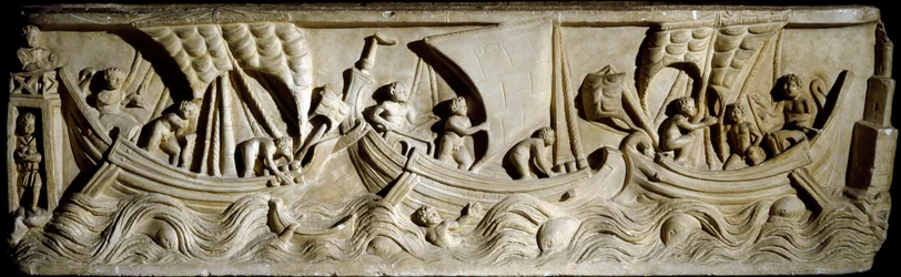 Římské umění: „plavební scéna“ Nízký reliéf od Via Labicana v Římě. Řím, Musee de la Civilta románské