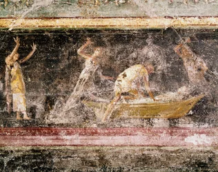 Římské umění: rozsudek nad Bakenranefem (Bocchoridem), egyptským králem - detail fresky na vlysu sálu C, Villa Farnesina (Římské umění: soud nad králem Bocchoridem, z vlysu sálu C, Villa Farnesina), Řím, Museo Nazionale Romano