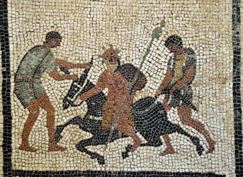 Opilý Silénos: Opilý Silénos jede na oslu, kterého drží dva sluhové. Mozaika z Pompejí, dům Paquia Procula nebo C. Cuspia Pansy. Národní archeologické muzeum v Neapoli, Itálie. Foto Patrice Cartier.