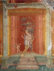 Divadelní scéna, freska (ve stylu IV) na červeném pozadí z domu Pinarius Cerialis, Pompeje (Seznam světového dědictví UNESCO
