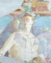 Okřídlená žena, detail fresky v domě Fabius Rufus, Pompeje, Kampánie, římská civilizace