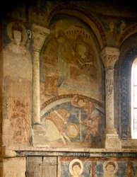 Románské umění: Obraz zobrazující mučedníka Saint Laurenta (1103-1130). Freska. Kaple Chateau des Moines, Berze la Ville (Berze-la-Ville v Saone a Loiře, Burgundsko), Francie.