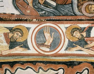 Románské umění: "" Pravá ruka Boží a patriarchové Eliáš a Henoch (nebo Enoch). Detail. Freska školy Leon (Španělsko). 1132. Svatyně Panny Marie Panny del Camin
