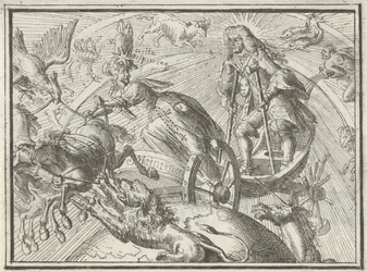Karikatura zobrazující Ludvíka XIV. jako Apollóna v jeho voze, 1701