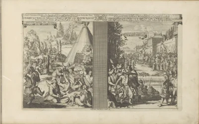 Lékaři v Arcladě; Jezuita oholen mýtným v Golkondě Guerisons infames des Arclades / Rude Healings // Roi de Golconde, Douane atd. / Tolrecht, en Cases (název na předmětu) Les Indes Orientales et Occidentales et autres