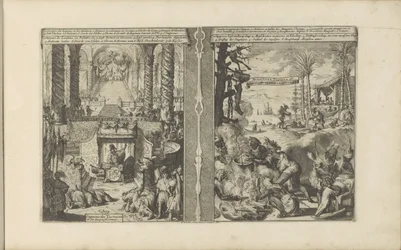 dvůr tatarského císaře; Brazilští tapoeiers připravují své jídlo Tartarische Keyzer / Empereur des Tartares et sa magnificence // Brasiliaensche Clothing / Brasiliens, Tapuyers atd. (název na objektu) Les Indes Orientales et Occidentales et autre
