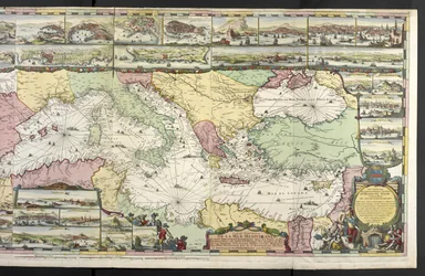 Mapa Středozemního moře s alegorickými postavami a mořskými příšerami, které zdobí vložky, z „Francouzského Neptuna a Atlas Maritime a Suite du Neptune François“ od Charlese Pene a Pietera Mortiera