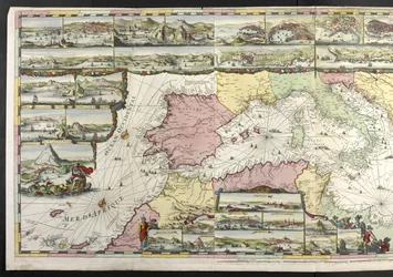 Mapa Středozemního moře s alegorickými postavami a mořskými příšerami, které zdobí vložky, z „Francouzského Neptuna a Atlas Maritime a Suite du Neptune François“ od Charlese Pene a Pietera Mortiera