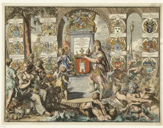 Titulní tisk Caartboeck van Voorne, 1701 Voorne Caart-Boeck ze všech vesnic a polderů nacházejících se ve východní Lande a na západě Voorne (...) 7. června 1695. Jako když Bailliuw a Leenmannen byli výše a sousední Heeren. (název na objektu)
