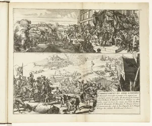 Dvě vyobrazení obléhání Antverp vévodou z Parmy, 1584-1585 Commencement du siege d