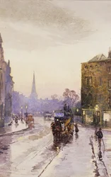 Chytání tramvaje v Nassau Street, Dublin,
