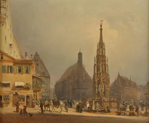Krásná kašna před kostelem Frauenkirche v Norimberku