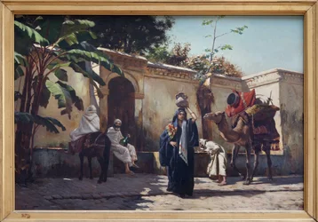 Marocká scéna, Olejomalba na dřevě od Rudolpha (nebo Rudolpha) Ernsta (1854-1932), scéna každodenního života kolem fontány. Fotografie, KIM Youngtae, Nantes, Musee des Beaux Art de Nantes.