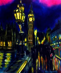 Večerní Londýn Westminster Bridge View, 2025 (olej na plátně)