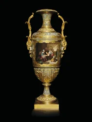 Porcelánová a zlatá váza se dvěma rukojeťmi Alexandra II., malovaná scénou školního pokoje po B, 1866