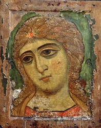Archanděl Gabriel (Anděl se zlatými vlasy) ruská ikona, 12. století (vaječná tempera na panelu)