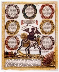 Ruská schematická ilustrace „Sedmi smrtelných hříchů“. Náboženský traktát kolem roku 1850 (rytina)