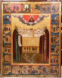 Svatí Zosimus a Sabbatheus ze Solovecku s výjevy z jejich života, 18. století (tempera na panelu)