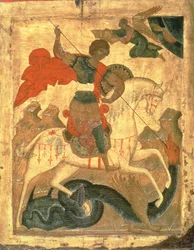 St. George and the Dragon (tempera na látce, gesso a dřevě)