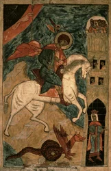 Svatý Jiří a drak, ruská ikona z Vologdy, 15. století (tempera na panelu)