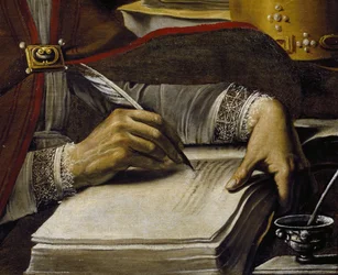 Ruce, psaní brkem, detail Saint Ambrouse, od Rutilio Manetti (1571-1639), olej na plátně, 67x89 cm
