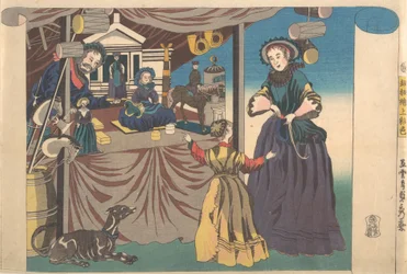 Barevný tisk mědirytiny Obrázek hračkářství, 1860.
