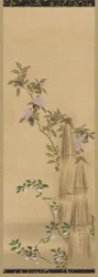 Růžové a bílé květy a slaměné krytiny, období Edo, 1761-1828.
