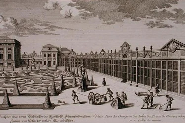Pohled na jednu z oranžerií v zahradě knížete ze Schwarzenbergu ve Vídni, ryl Georg-Daniel Heumann (1691-1759), vydáno kolem 1724-37 (rytina) (viz také 170855)