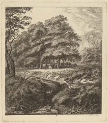 Dobytek odpočívá v háji s mužem sedícím vedle potoka, 1764.