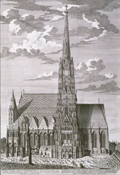 Pohled na katedrálu svatého Štěpána, Vídeň, rytý George-Daniel Heumann (1691-1759)