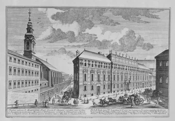 Pohled na Dorotheergasse ukazující Stallburg a klášterní kostel Dorotheum vyrytý Hieronymem Sperlingem (1695-1777)