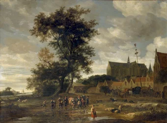 Scéna před májou s Alkmaarským kostelem v pozadí, 1669