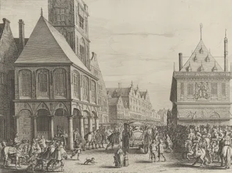 Městští soudci se rozloučili s Marií de Medici před radnicí, od Caspara Barlaeuse..., 1638.