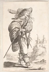 Kráčející muž, tříčtvrteční profil r., uchopující snop za bok. V pozadí hrad