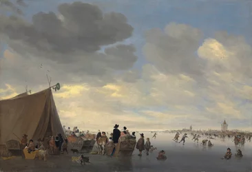 Bruslaři na zamrzlé řece Lek, město Vianen za ním, 1653